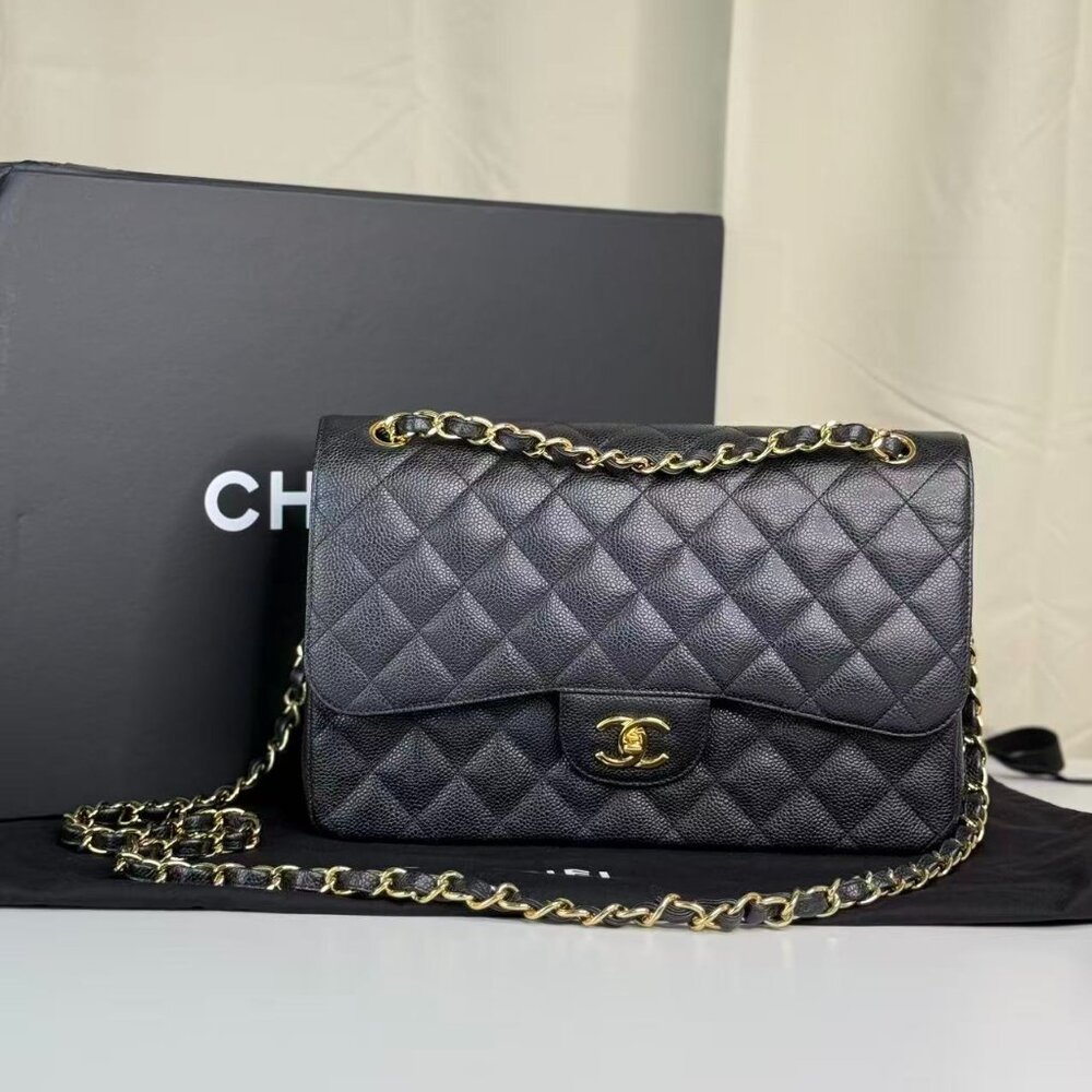 Chanel Black Caviar Jumbo Classic Flap Shoulder Bag with Gold Chain Strap